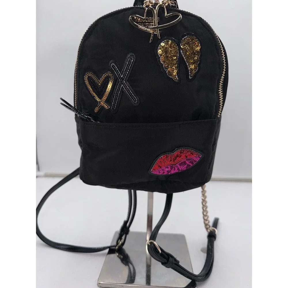 Victoria's Secret Mini Backpack Black Nylon Sequin Angel WingsXO Lips Heart Logo